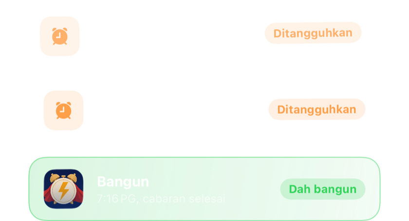 Dua penggera yang ditunda bertindih, kemudian satu yang dimatikan terus selepas satu cabaran