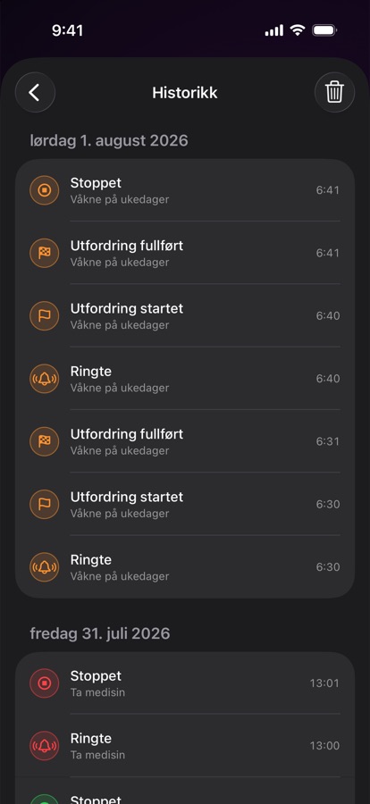 Alarmhistorikk over tidligere oppvåkninger
