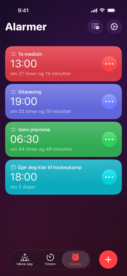 Fanen Alarmer, en liste over gjentakende og enkeltstående alarmer