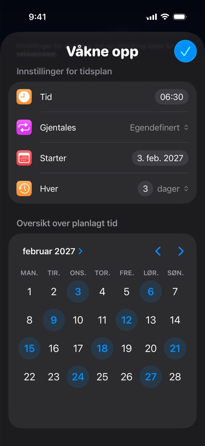 En egen vekkeplan som gjentas hver tredje dag, med kalenderforhåndsvisning