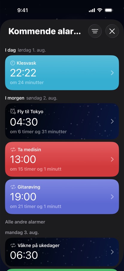 Kommende alarmer gruppert etter dag