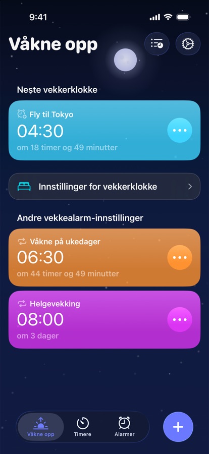 Fanen Våkne, med neste vekkeralarm og de andre vekkeralarmene