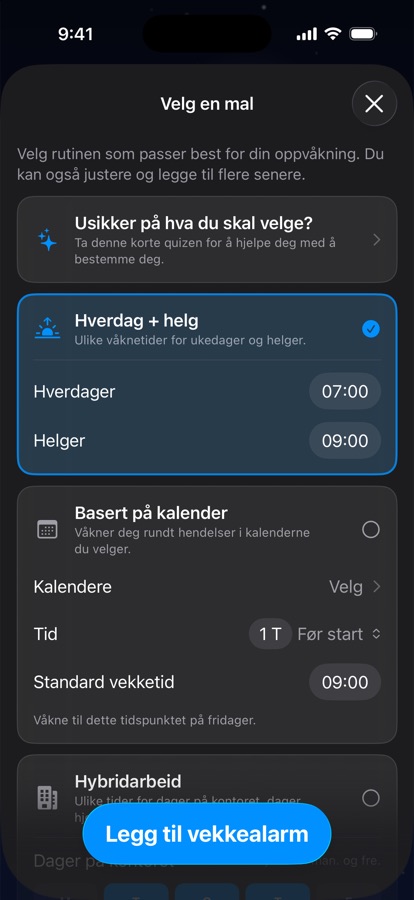 Valg av en mal for vekkeplanen