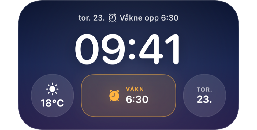 En låst skjerm som viser neste oppvåkning kl. 06.30 i en widget