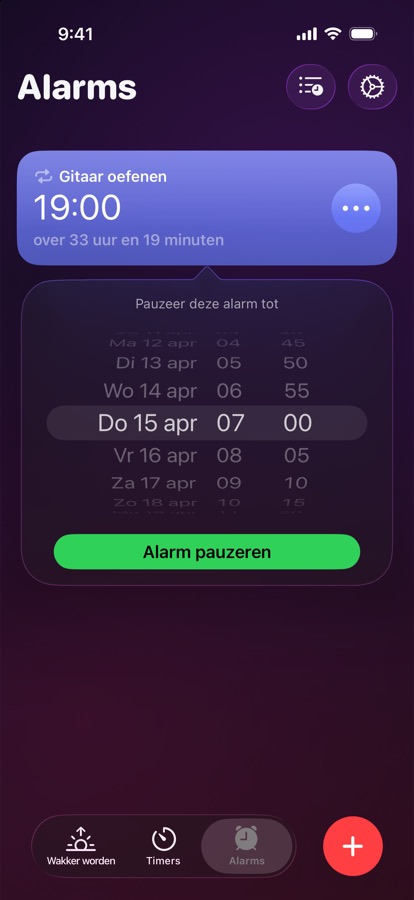 Een wekker pauzeren tot een gekozen datum en tijd