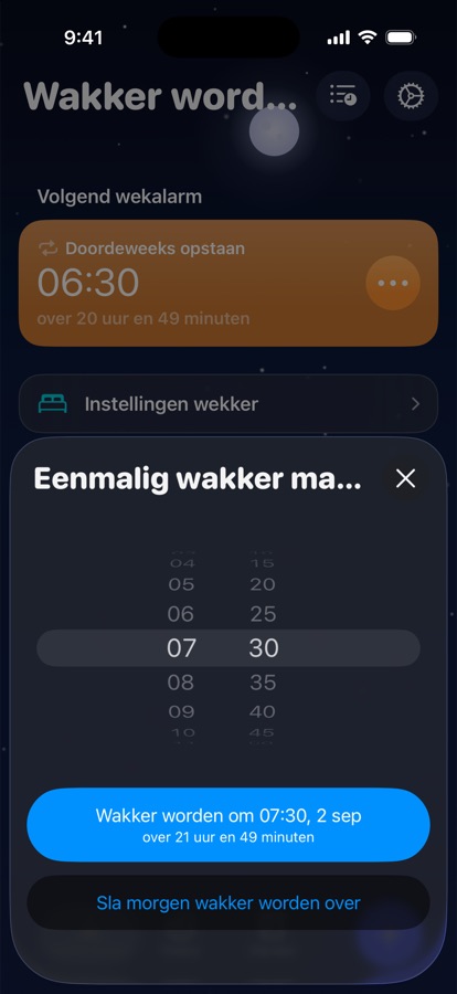Eenmalig wakker worden instellen voor morgen, of het overslaan