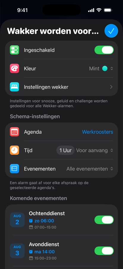Een wekker op basis van de agenda voor ploegendiensten