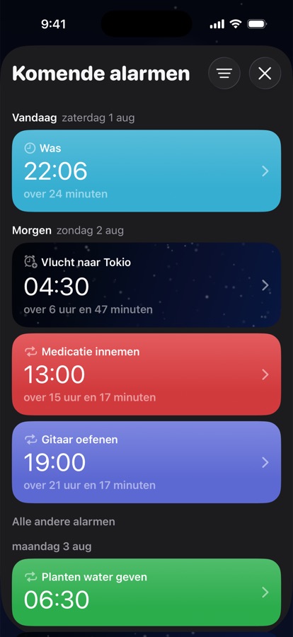 Komende wekkers gegroepeerd per dag