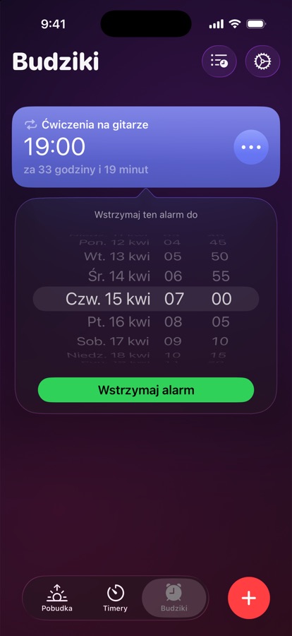 Wstrzymanie budzika do wybranej daty i godziny