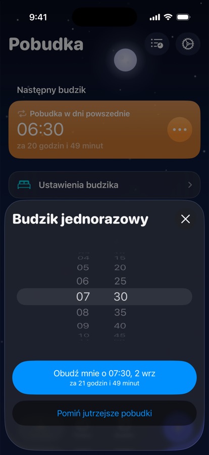 Ustawienie jednorazowej pobudki na jutro lub pominięcie jej