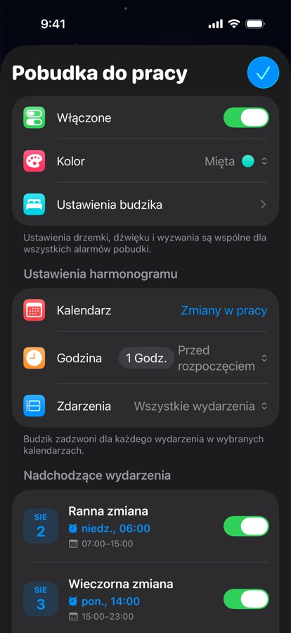 Pobudka oparta na kalendarzu do pracy zmianowej