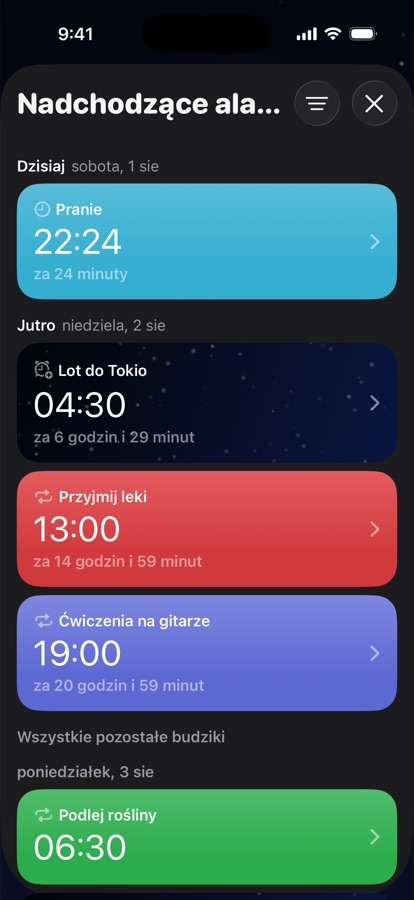 Nadchodzące budziki pogrupowane według dni