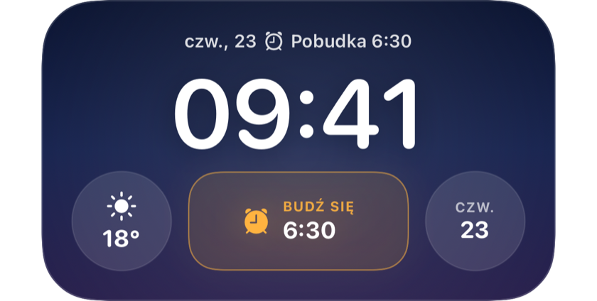 Ekran blokady pokazujący w widżecie najbliższą pobudkę o 6:30