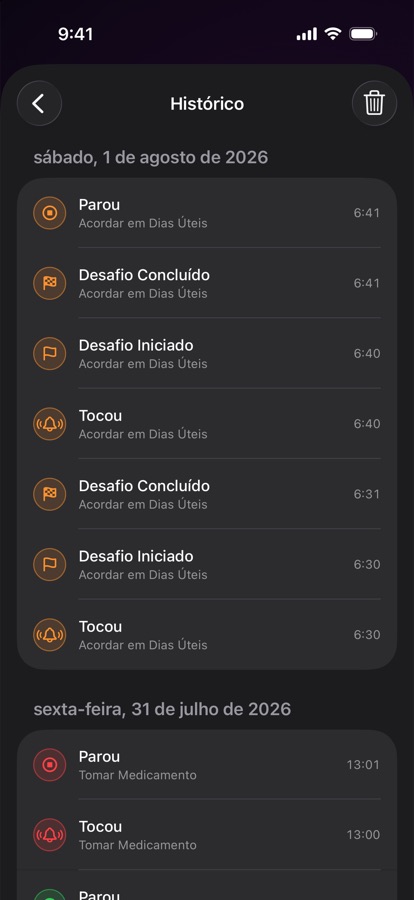 Histórico de alarmes de despertares anteriores