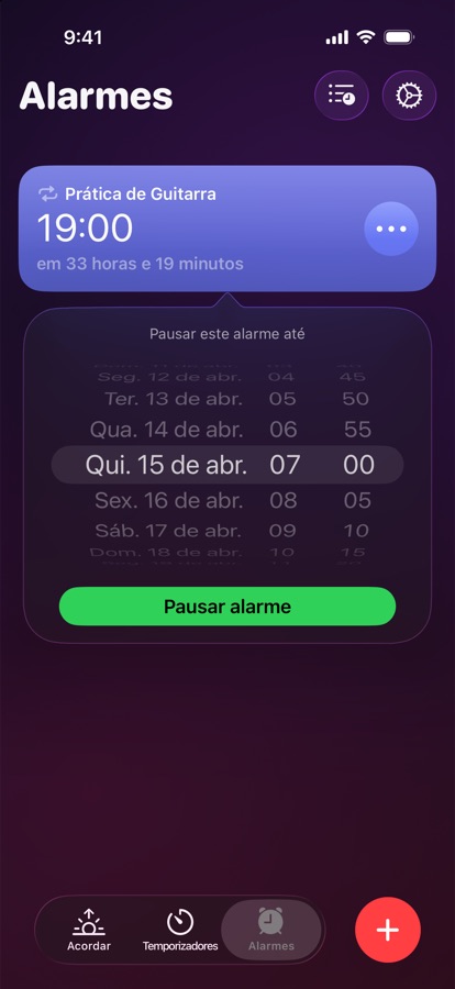 Pausando um alarme até uma data e um horário escolhidos