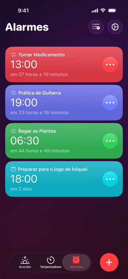 A aba Alarmes, uma lista de alarmes repetidos e únicos