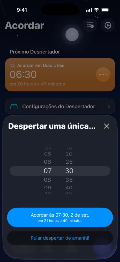 Definindo um despertar único para amanhã, ou pulando-o