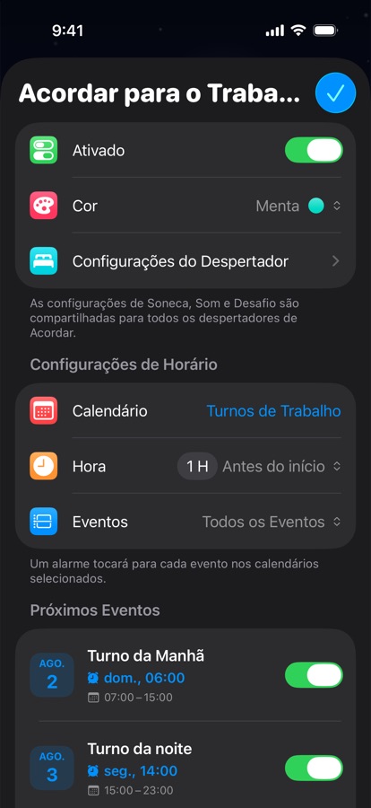 Um despertador baseado no calendário para turnos de trabalho