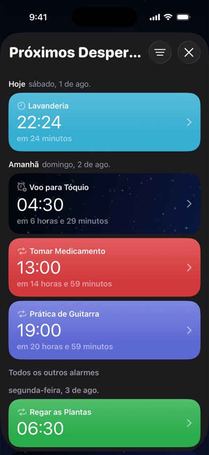 Próximos alarmes agrupados por dia