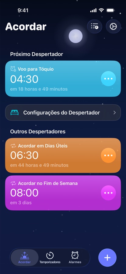 A aba Acordar, mostrando o próximo despertar e os outros despertares