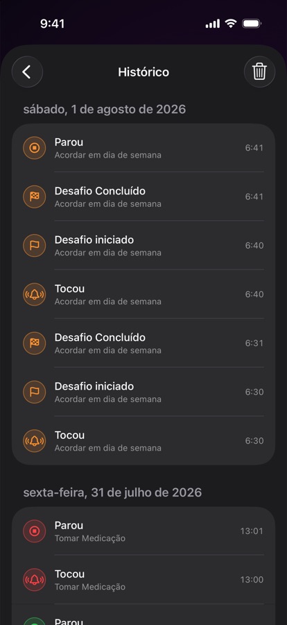 Histórico de alarmes de vezes anteriores em que acordou