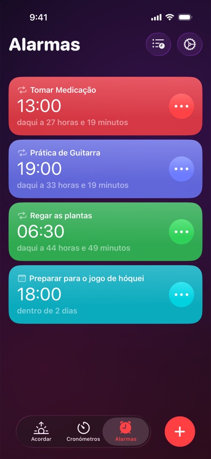O separador Alarmes, uma lista de alarmes repetidos e únicos