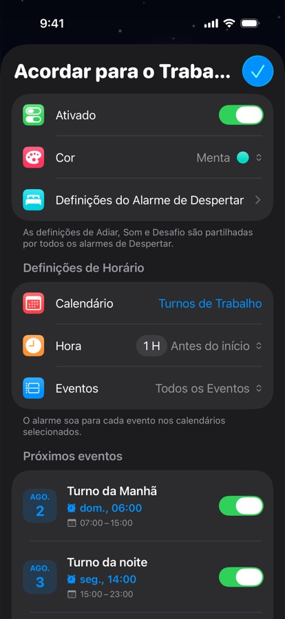 Um alarme para acordar baseado no calendário para trabalho por turnos
