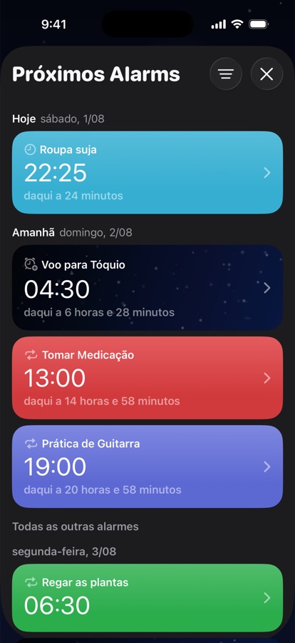 Próximos alarmes agrupados por dia