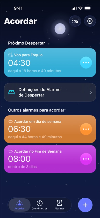 O separador Acordar, com o próximo alarme para acordar e os restantes
