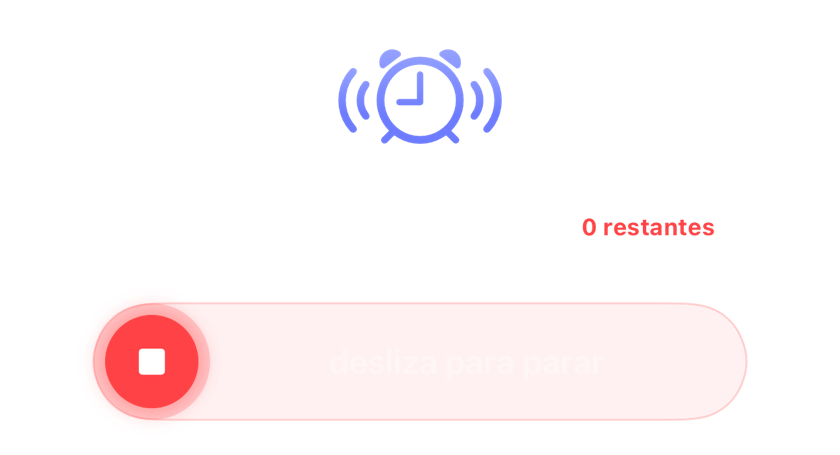 Um alarme a tocar sem adiamentos restantes, com o controlo deslizante para parar