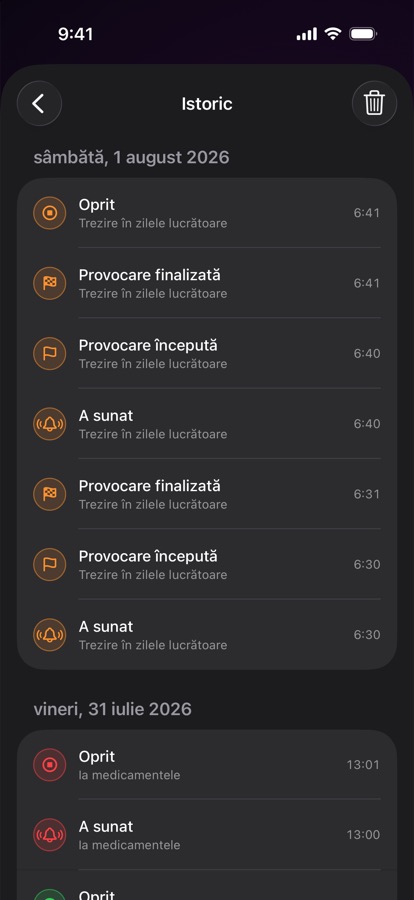 Istoricul alarmelor de la trezirile anterioare