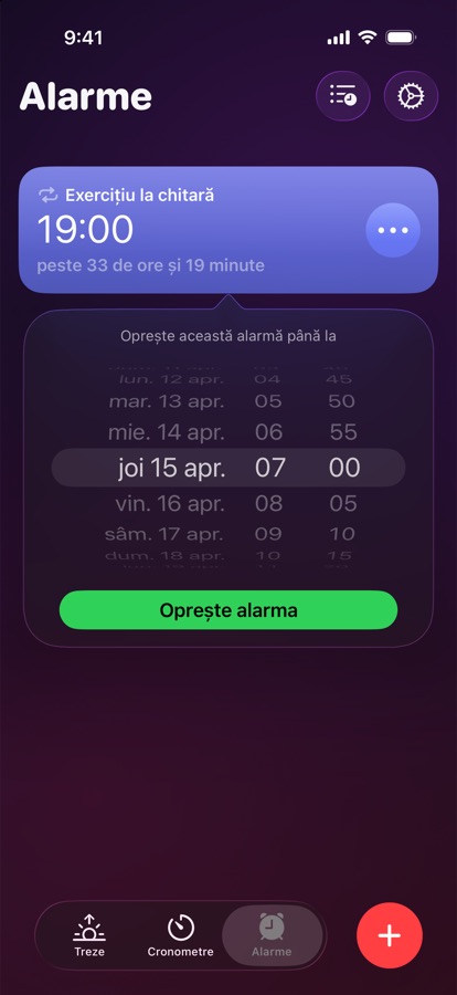 Punerea unei alarme pe pauză până la o dată și o oră alese