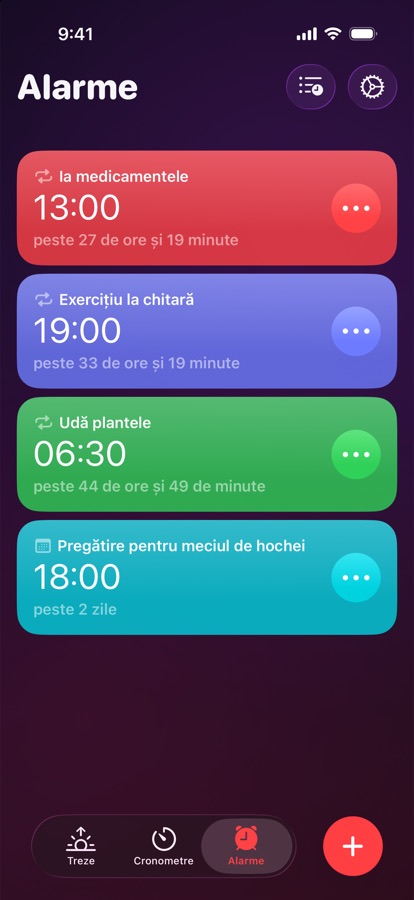 Fila Alarme, o listă de alarme repetate și unice