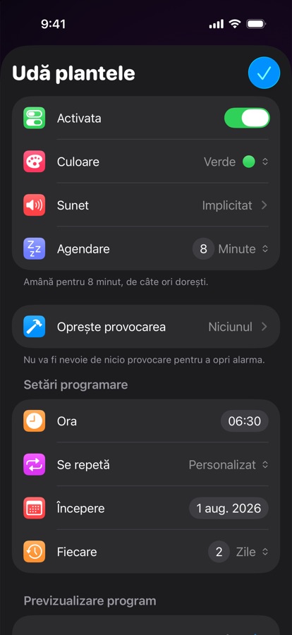 Editarea unei alarme repetate personalizate