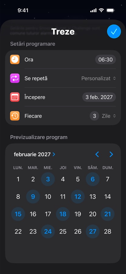 Un program de trezire propriu care se repetă la fiecare trei zile, cu previzualizare în calendar