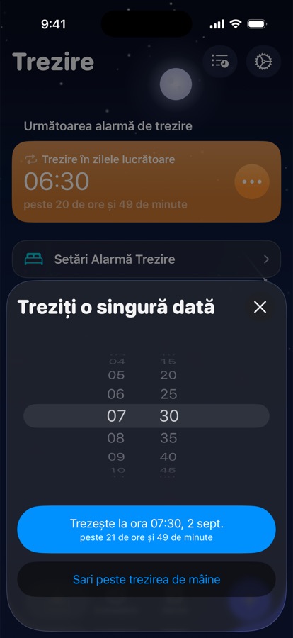 Setarea unei treziri unice pentru mâine sau omiterea acesteia