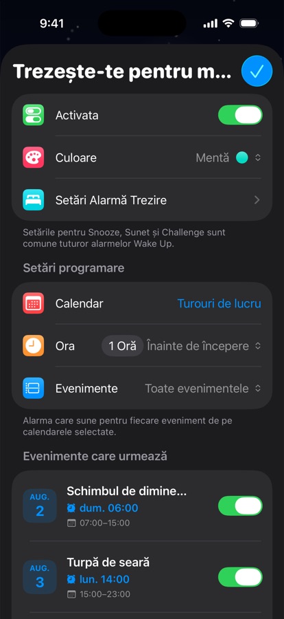 O alarmă de trezire bazată pe calendar pentru munca în ture