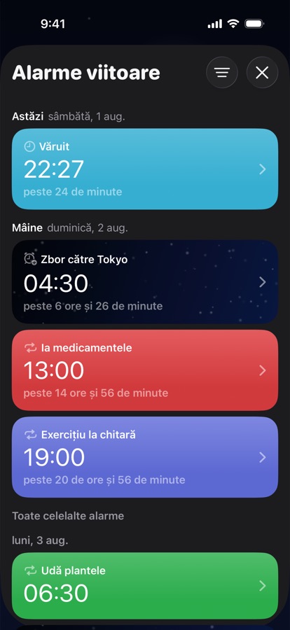 Alarme viitoare grupate pe zile