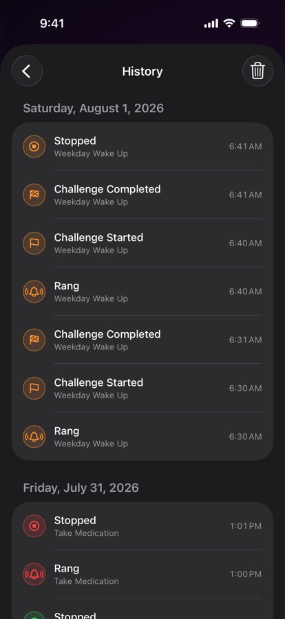 Alarm history of past wake ups