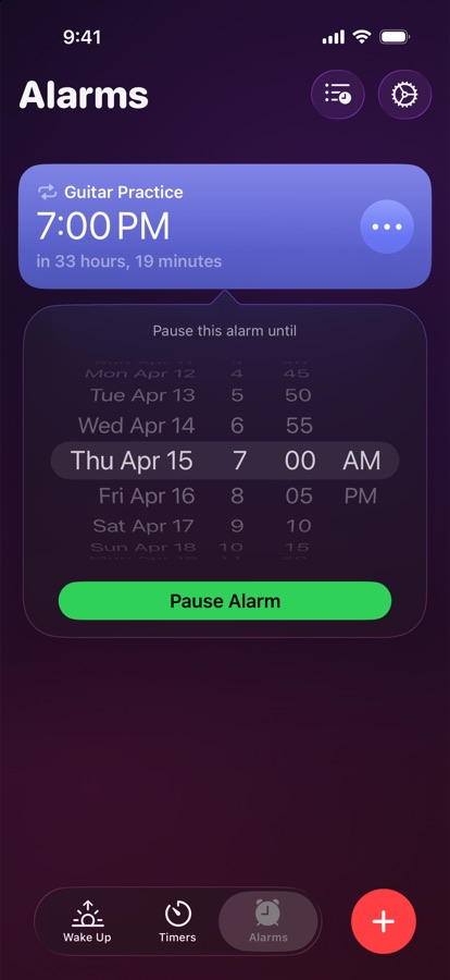 Pausing an alarm until a chosen date and time