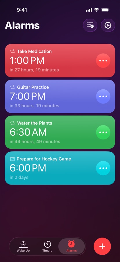 The Alarms tab, a list of repeating and one-off alarms