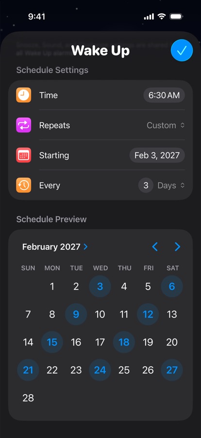 A custom wake up schedule repeating every three days, with a calendar preview