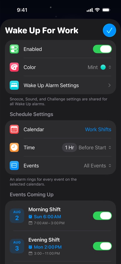 A calendar-based wake up alarm for work shifts