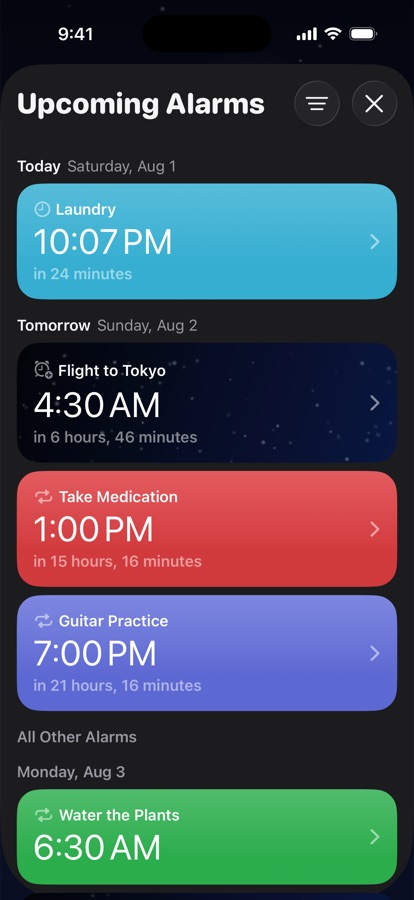 Upcoming alarms grouped by day