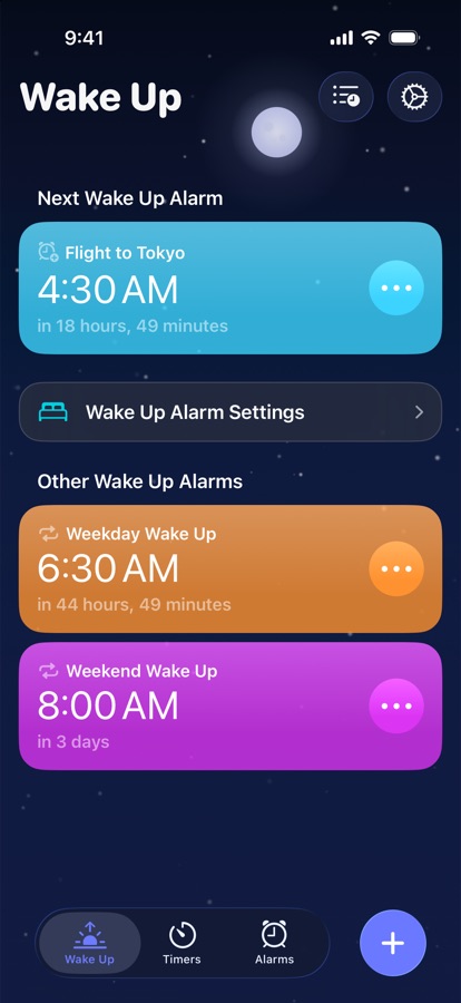 The Wake Up tab, showing the next wake up alarm and other wake up alarms