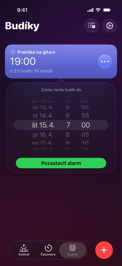 Pozastavenie budíka do zvoleného dátumu a času