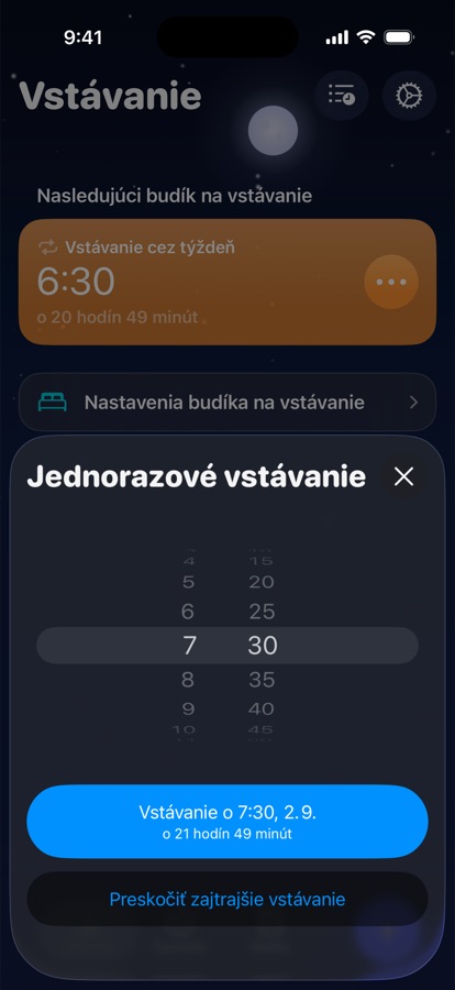 Nastavenie jednorazového vstávania na zajtra alebo jeho preskočenie
