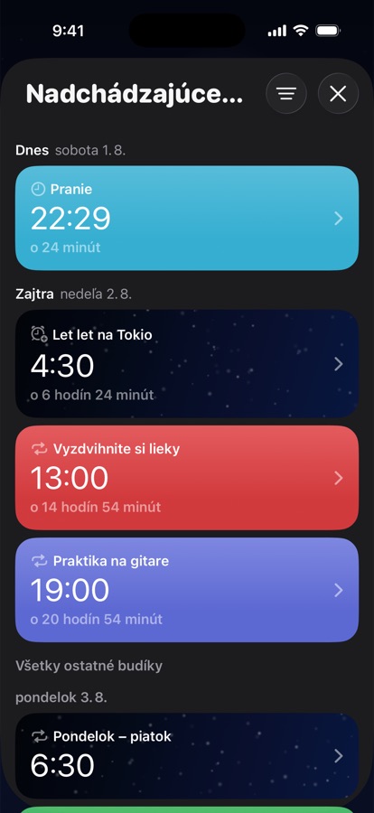 Nadchádzajúce budíky zoskupené podľa dní