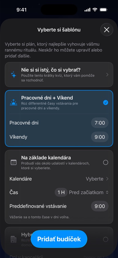 Výber šablóny rozvrhu vstávania