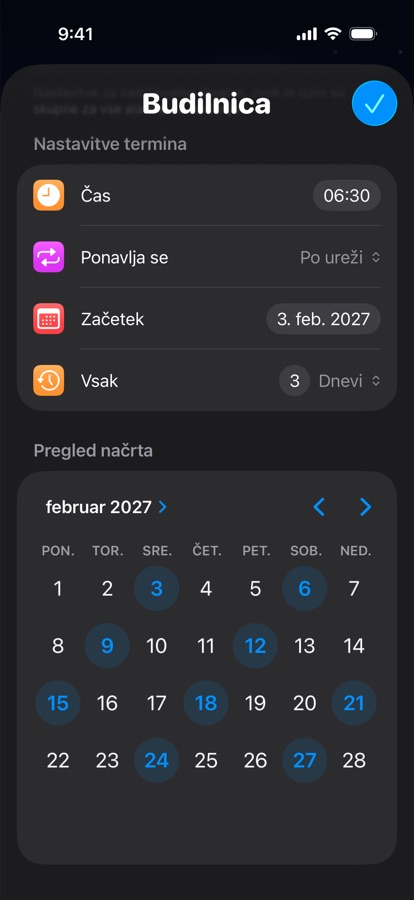 Lasten urnik vstajanja, ki se ponovi vsake tri dni, s predogledom koledarja
